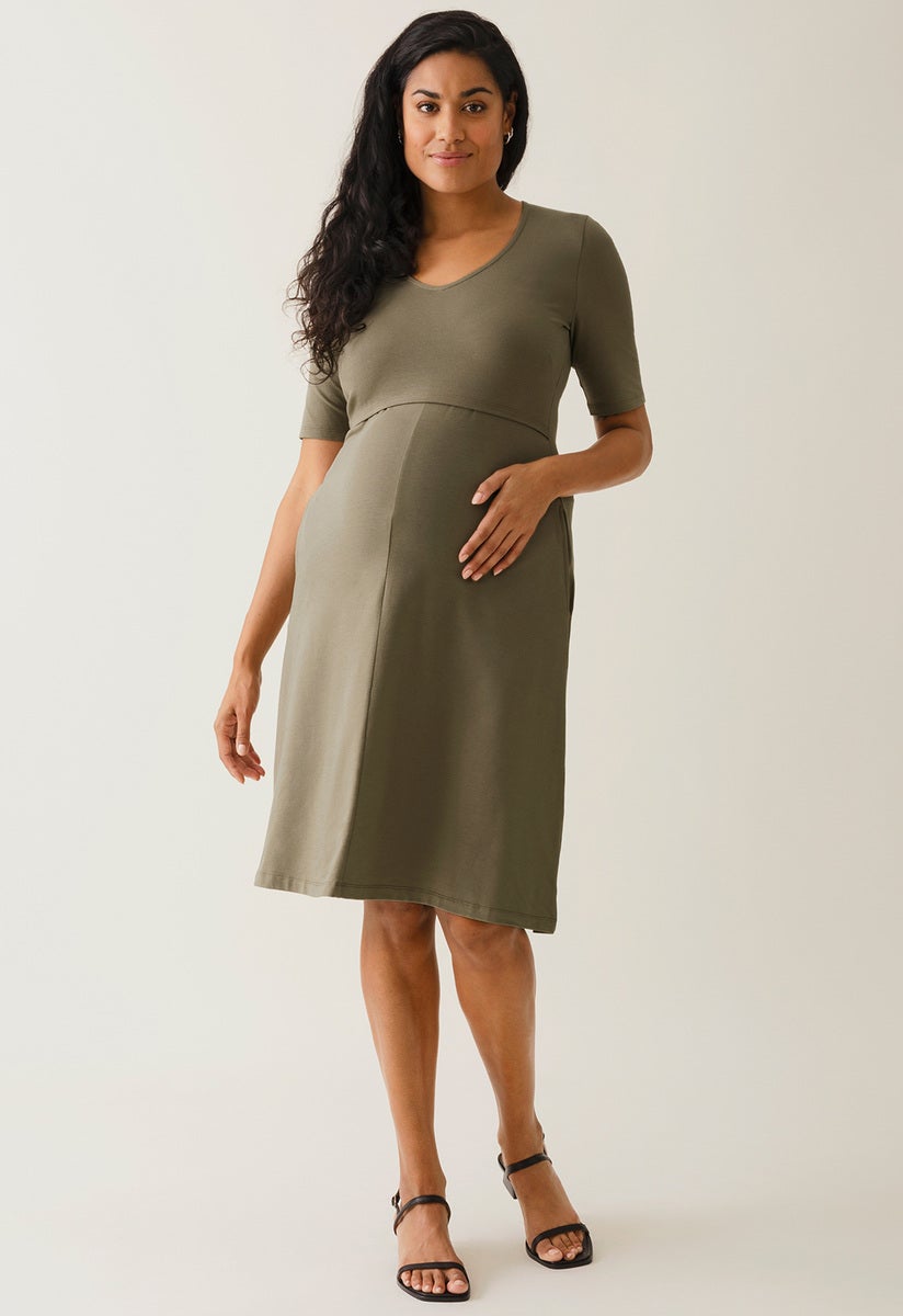 A shaped nursing dress short sleeve - Khaki Green