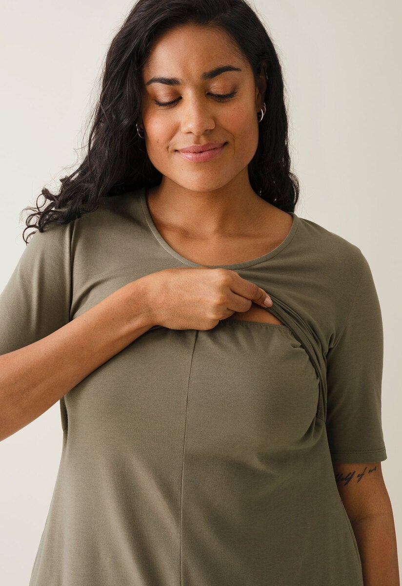 A shaped nursing dress short sleeve - Khaki Green