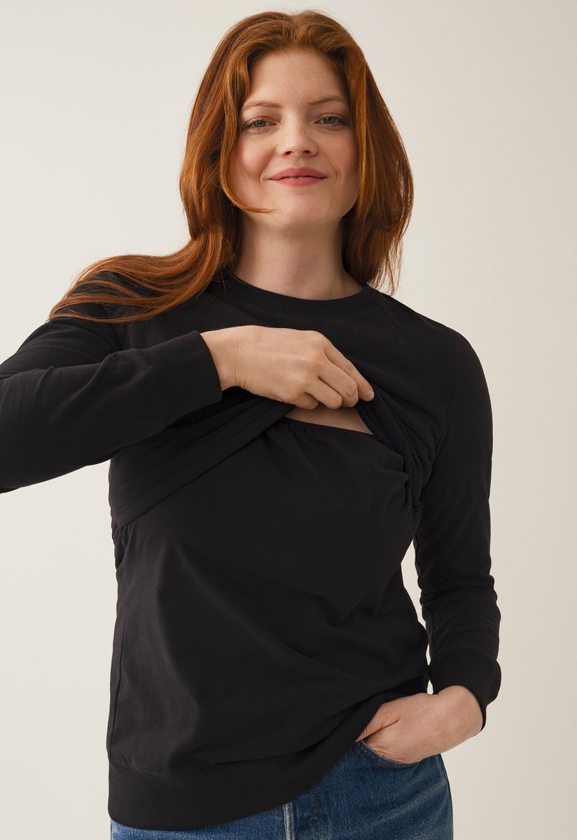 Fleece lined maternity sweatshirt with nursing access - Black
