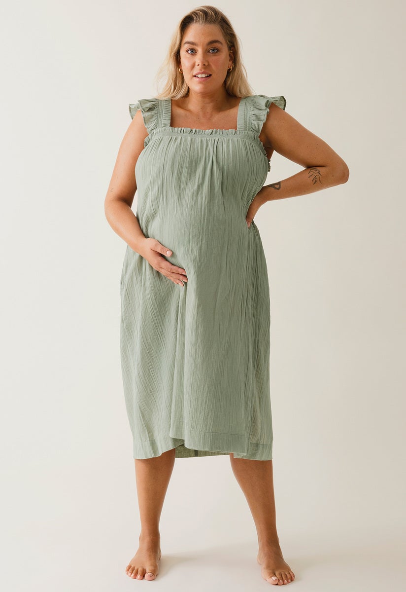 Boho maternity dress with smocking - Green Tea