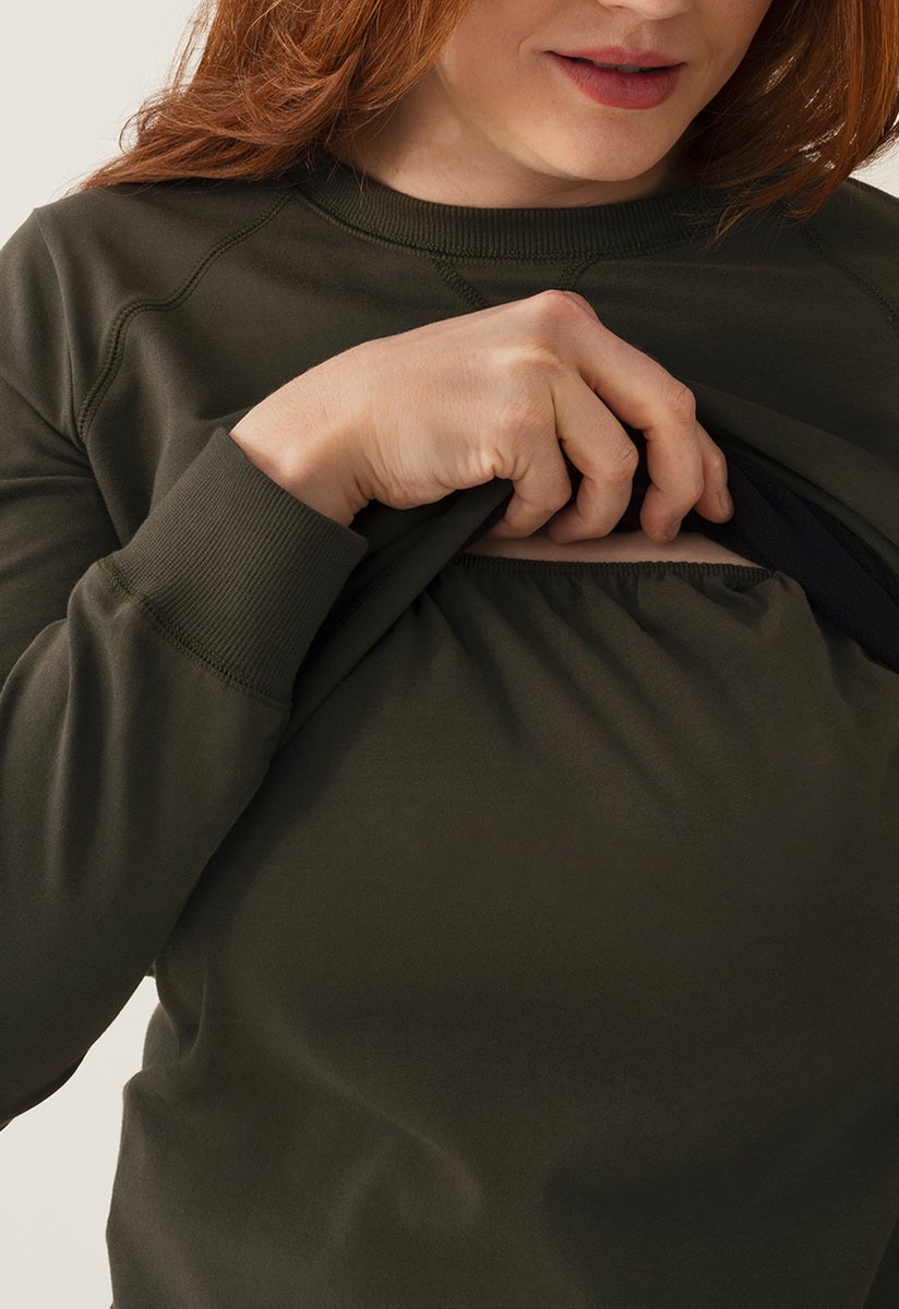 Fleece lined maternity sweatshirt with nursing access - Moss Green