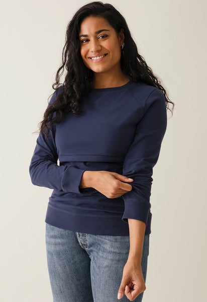 Fleece lined maternity sweatshirt with nursing access - Navy