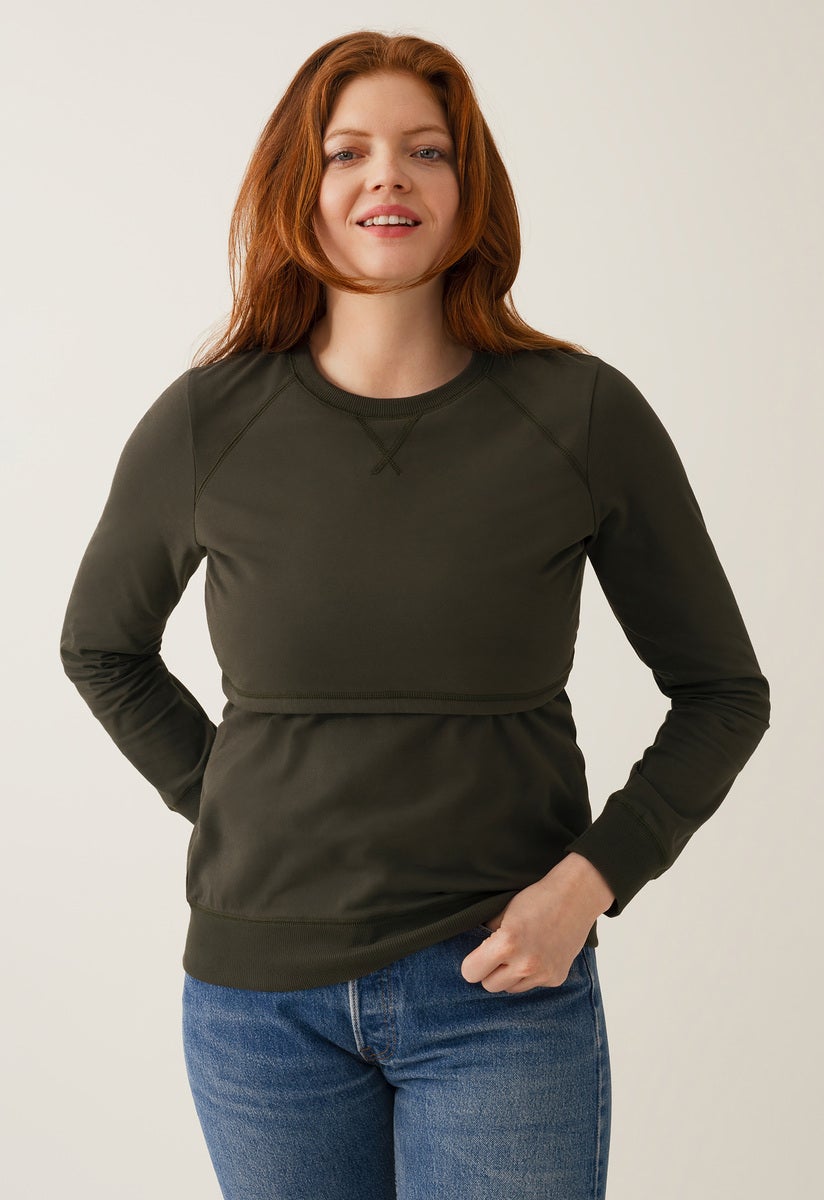 Fleece lined maternity sweatshirt with nursing access - Moss Green
